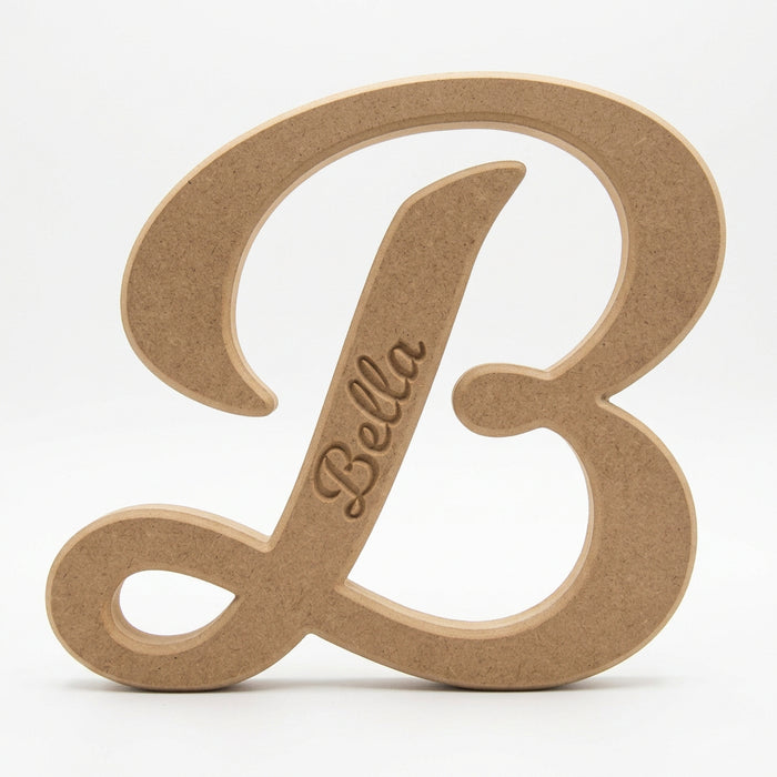 Engraved Freestanding Wooden Initials | 18mm Thick Bevelled Script MDF Letters (200mm)